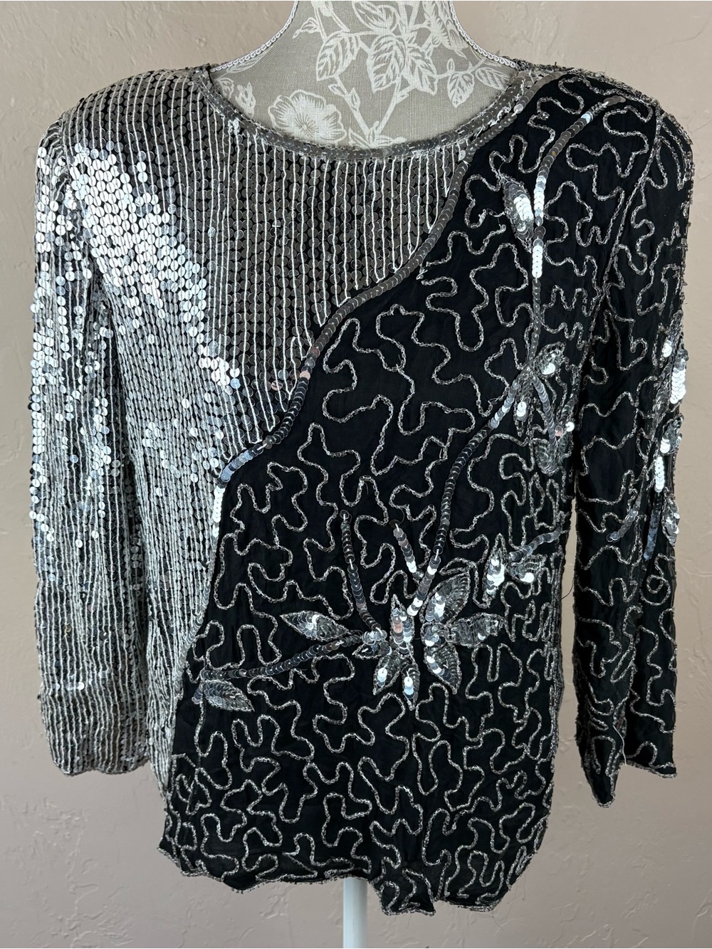 Joseph Le Bon Vintage Silver Black Sequin Silk Evening Top Floral Colorblock Med